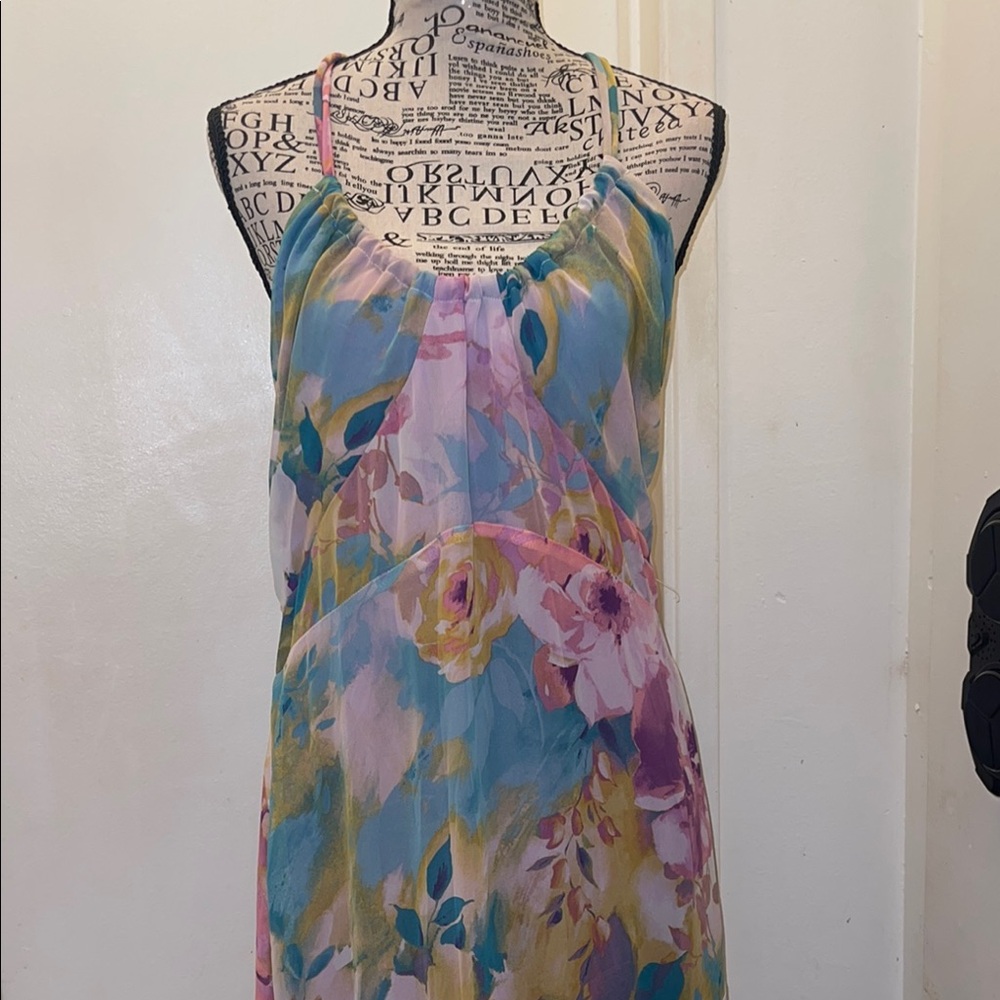 Taylor Asymmetrical Ruffled Pink and Yellow Sundress NWOT - Picture 2 of 8